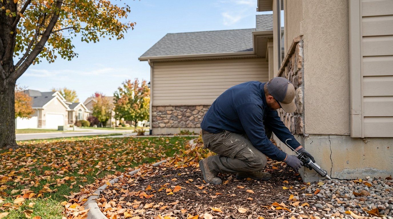 Pest control technician kneeling in fallen autumn leaves, sealing a crack in a West Jordan home's foundation with a caulking gun